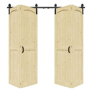 80 in. x 84 in. Arch Panel H Style Solid Core Unfinished Pine Wood Bi-fold Door with Bifold Barn Door Hardware Kit