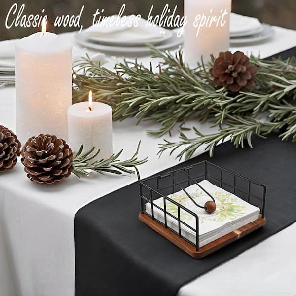 Tabletop Acacia Wood Napkin Holder with Weighted Metal Arm Rustic Square Organizer for Kitchen Countertop