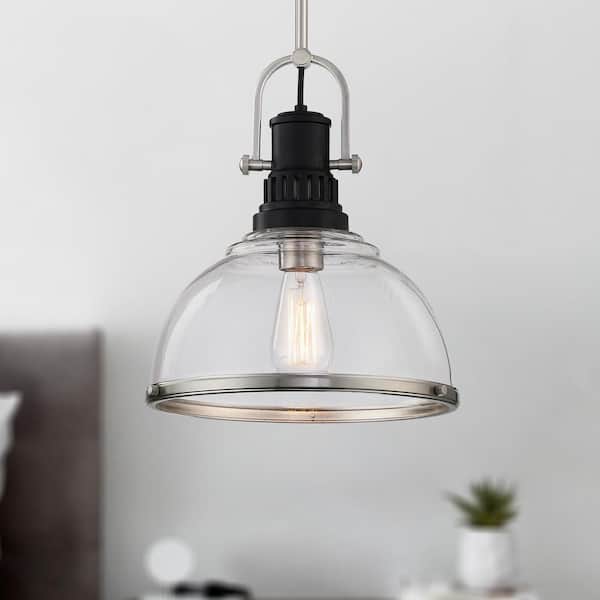 Farmhouse 1-Light Brushed Nickel Shaded Pendant Light with Clear Glass Shade, No Bulbs Included