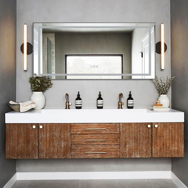 60 in. W x 28 in. H Rectangular Aluminum Framed Backlit and Front Light LED Wall Bathroom Vanity Mirror in Gun Grey