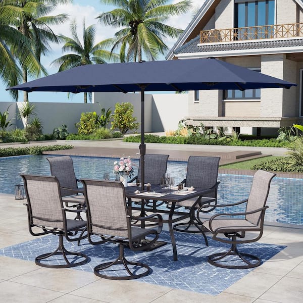 PHI VILLA Black 8-Piece Metal Rectangle Patio Outdoor Dining Set with Slat Table, Umbrella and Textilene Swivel Chairs