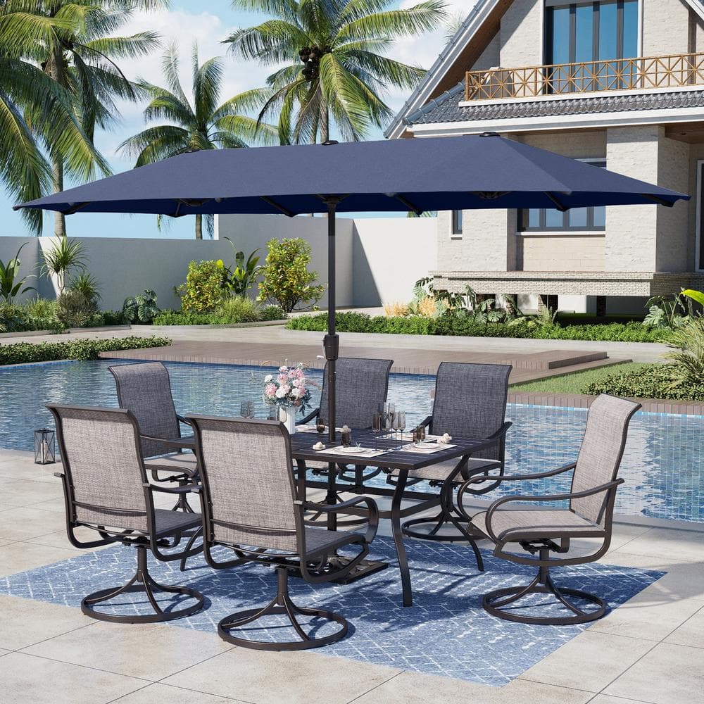 Black 8-Piece Metal Rectangle Patio Outdoor Dining Set with Slat Table, Umbrella and Textilene Swivel Chairs price history on PriceWatchPro