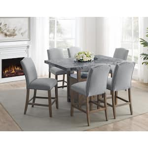 Grayson 60 in. Rectangular Gray Marble Counter Height Dining Set with 6 Upholstered Chairs