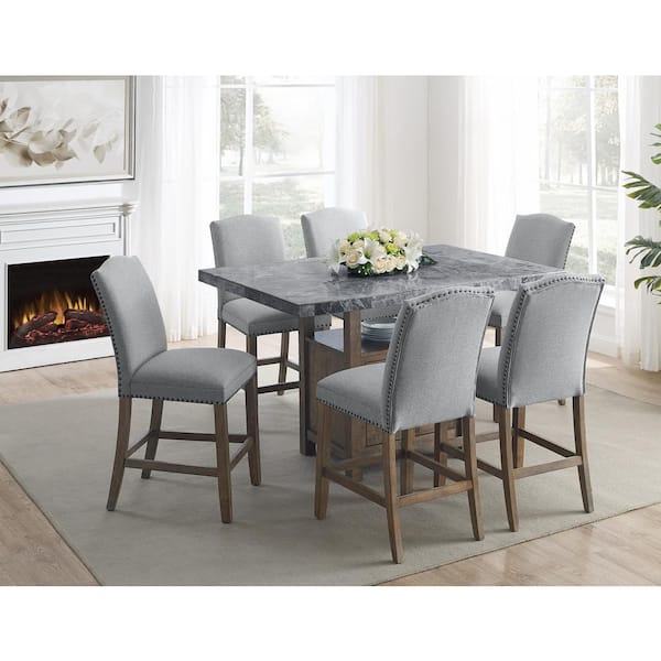 Steve Silver Grayson 60 in. Rectangular Gray Marble Counter Height Dining Set with 6 Upholstered Chairs