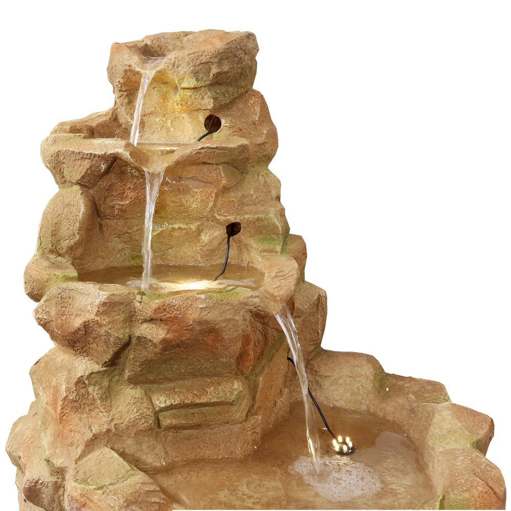 Light Brown Fiberglass Stone Springs Outdoor Water Fountain with LED Lights