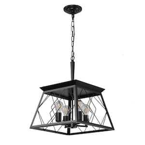 15.7 in. 4-Light Vintage Black Farmhouse Linear Chandelier Fixture For Kitchen Dining Room with Caged Metal Shade