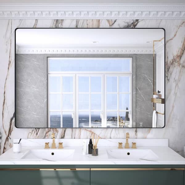 Klajowp 60 in. W x 40 in. H Large Rectangular Framed Wall Mounted Bathroom Vanity Mirror in Black