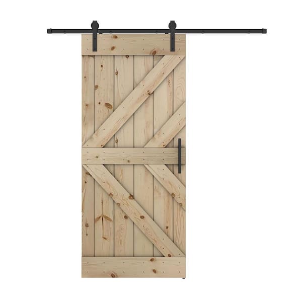 Dessliy Double KL 38 in. x 84 in. Unfinished Pine Wood Sliding Barn Door with Hardware Kit (DIY)