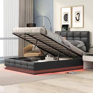 Black Wood Frame Full Size PU Platform Bed with Adjustable Headboard, Hydraulic Storage System, LED Lights and USB Port
