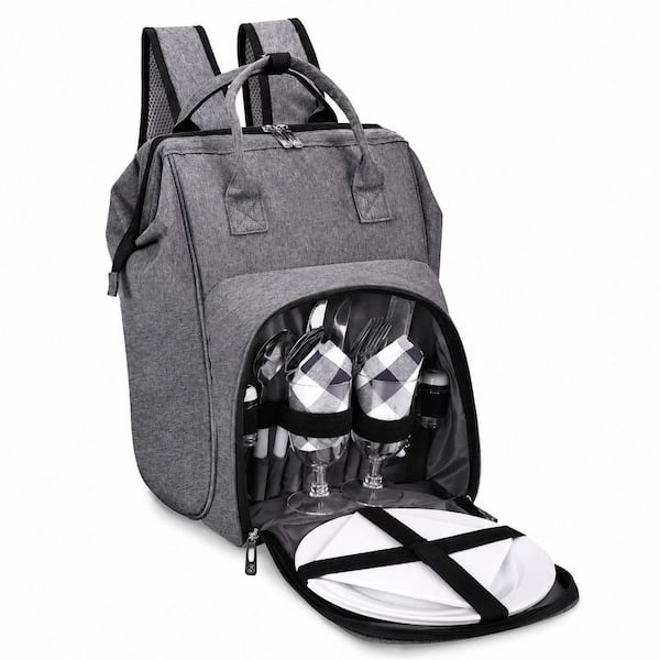 Lead Gray 2-Person Cloth Picnic Backpack Set with Insulated Cooler, Blanket and Tableware for Picnics
