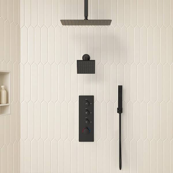 7-Spray 16 and 6 in. Dual Shower Heads Ceiling Mount Fixed and Handheld Shower Head in Matte Black (Valve Included)