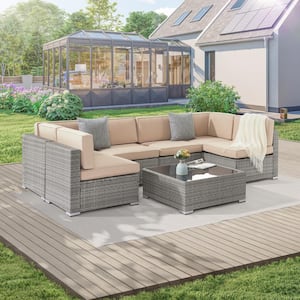 7-Pieces PE Rattan Wicker Outdoor Conversation Sofa Sets, Sectional Furniture Sofa Sets with Light Tan Cushion