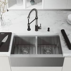 Oxford 33" Double Bowl Workstation Undermount Stainless Steel Farmhouse Sink with Ledge and Accessories