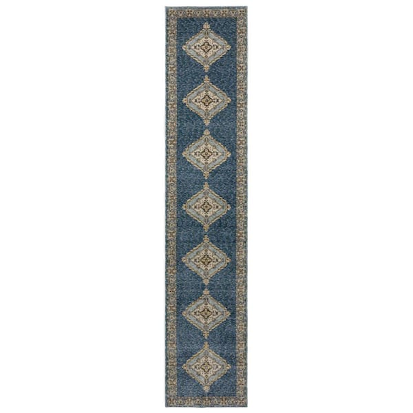2 X 12 Blue, Gold Medallion Washable Area Rug Runner Rug