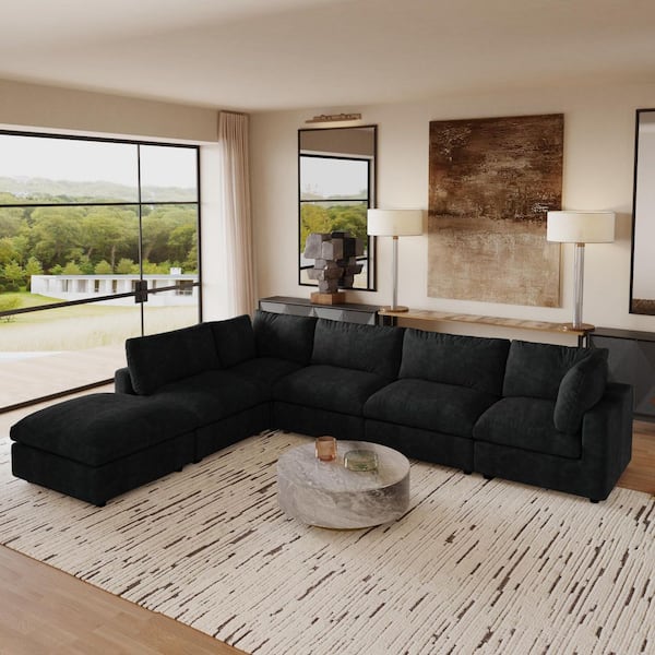 Modular Cloud Couch, 134 in. Square Arm Chenille L-shaped Sofa with Ottoman, Washable Covers for Home Theater in Black