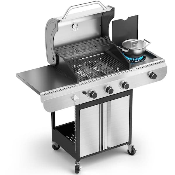 3-Burner Propane Gas Grill with Side Burner Portable Stainless Steel BBQ Outdoor Stovetop, 34,000 BTU