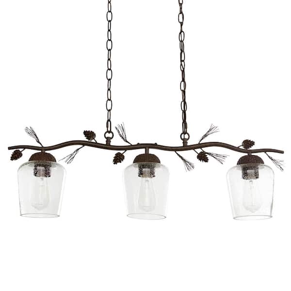 Hampton Bay Spruce Lodge 3-Light Handmade Pinecone Chandelier/Pendant with Clear Seeded Glass Shade