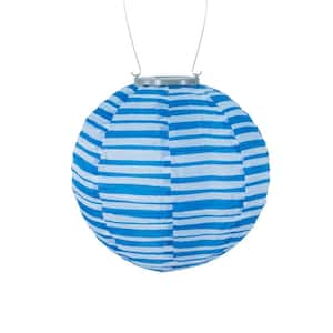 Glow 10 in. Blue/White Stripe Round Integrated LED Hanging Outdoor Nylon Solar Lantern