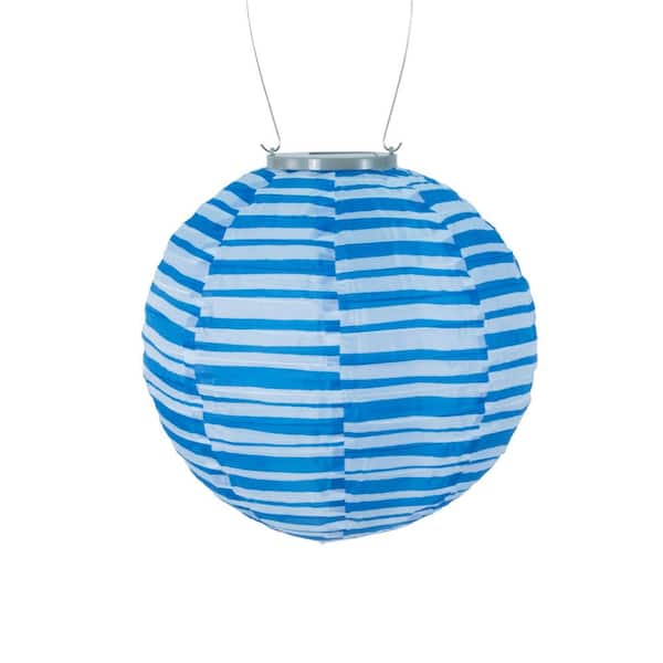 ALLSOP Glow 10 in. Blue/White Stripe Round Integrated LED Hanging Outdoor Nylon Solar Lantern