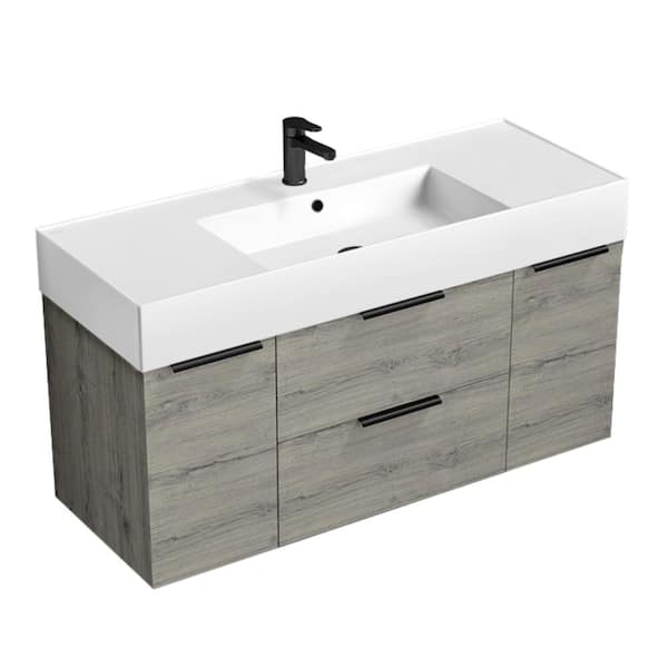Nameeks Derin 47.6 in. W x 18.1 in. D x 25.2 in. H Modern Bathroom Vanity in Grey Oak With White Ceramic Top