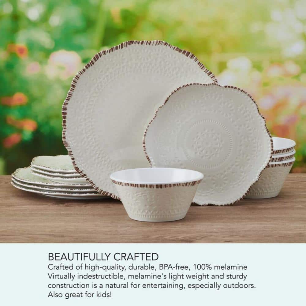 White Embossed Melamine Dinnerware Set, Service for 4