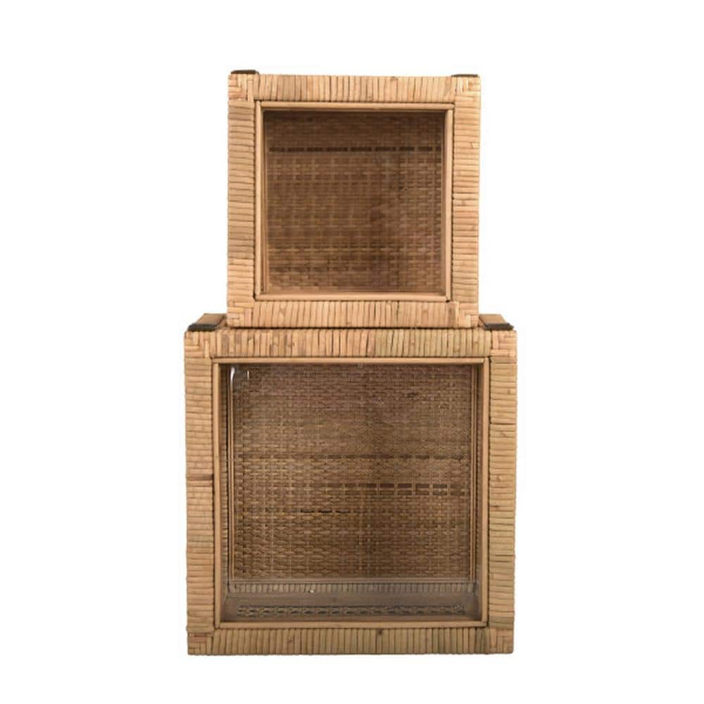 Natural Woven Rattan and Wood Lidded Display Boxes with Glass Lids, Set of 2