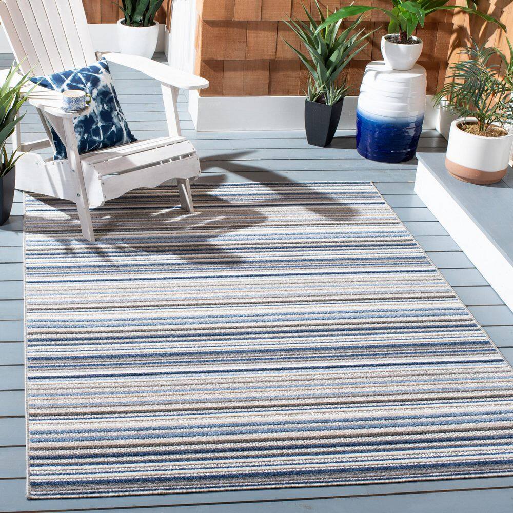 Grey and Blue Striped Synthetic Square Area Rug, 3' x 3'
