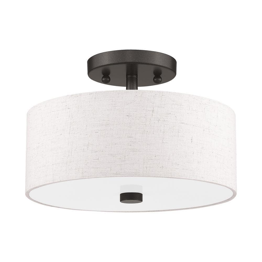 English Bronze 2-Light Semi-Flush Mount with Oatmeal Shade