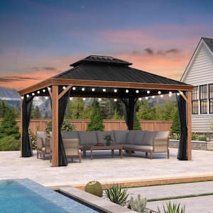 12 ft. x 14 ft.Wood Grain Patio Outdoor Gazebo for Backyard Hardtop Aluminum Frame with Hooks, Upgrade Netting 24-Lights