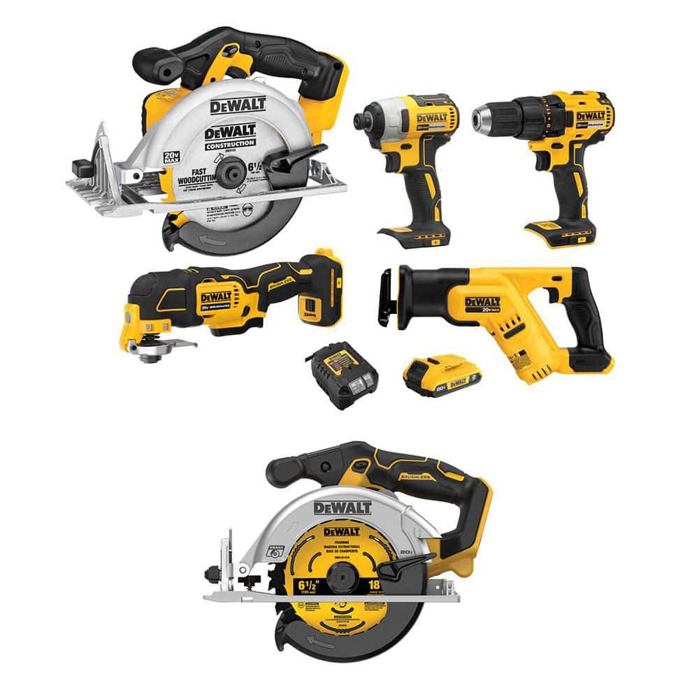 DEWALT 20V MAX Lithium-Ion Cordless Combo Kit (5-Tool) and 20V MAX Brushless 6-1/2 in. Circular Saw with 2 Ah Battery & Charger (DCK540D1WCS565B)