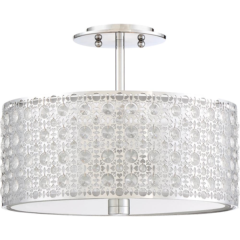 Polished Chrome Drum Semi-Flush Mount Light with Crystal Accents