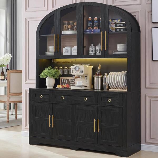 Farmhouse 75.8" Tall Black Arched Kitchen Pantry Cabinet with LED, Charging Station,Drawers & Barn Doors