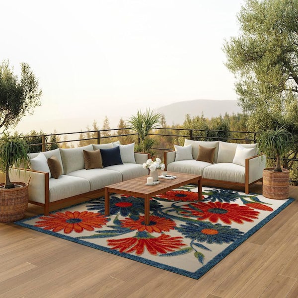 Aloha Ivory Multicolor 8 ft. x 11 ft. Floral Contemporary Indoor/Outdoor Area Rug