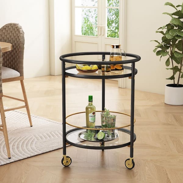 Pleasure 23.75 in. W 2-Tiered Black Round Metal Bar Cart with Tempered Glass Shelves Rolling Wheels Gold Accents