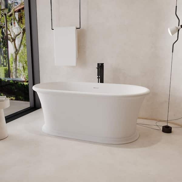 61 in. x 30.7 in. Stone Resin Solid Surface Freestanding Flatbottom Soaking Bathtub in Matte White