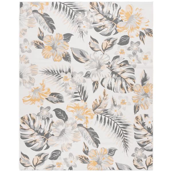 SAFAVIEH Sunrise Ivory/Gray Gold 8 ft. x 10 ft. Oversized Floral Reversible Indoor/Outdoor Area Rug
