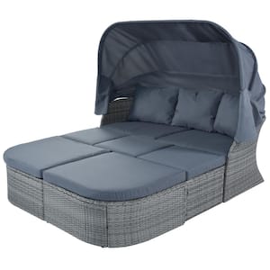 Wicker Outdoor Patio Day Bed Sunbed with Gray Cushions and Retractable Canopy