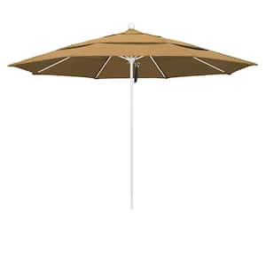 11 ft. White Aluminum Commercial Market Patio Umbrella with Fiberglass Ribs and Pulley Lift in Straw Olefin