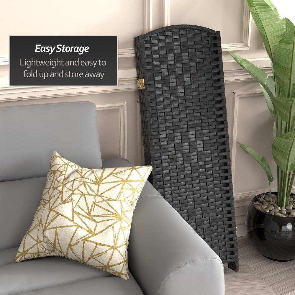 4 Ft Tall Black Woven Plant Fiber Folding Screen with 4 Panels