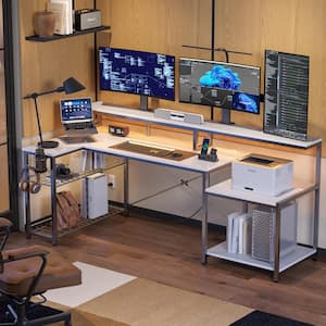 71.5 in. L-Shaped White Carbon Fiber LED Desk with Monitor Stand, Storage Shelves and Power Outlets