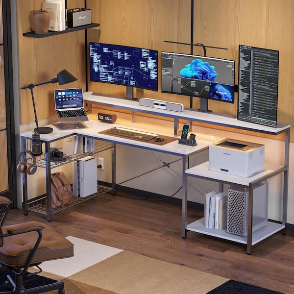 Bestier 71.5 in. L-Shaped White Carbon Fiber LED Desk with Monitor Stand, Storage Shelves and Power Outlets