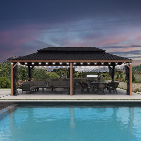 14 ft. x 24 ft. Wood Grain Patio Outdoor Gazebo for Backyard Hardtop Aluminum Frame W/ Hooks, Upgrade Netting 48-Lights