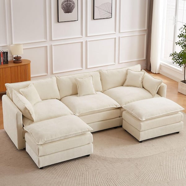 112.2 in. Square Arm U-Shaped Chenille Deluxe Pillow-Styled Modular Sectional Sofa in. Beige with 2 Ottoman