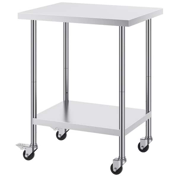 SKYSHALO Stainless Steel Work Table 24 x 30 x 38 In. Silver Kitchen Prep Table with 4 Wheels, 3 Adjustable Height Levels
