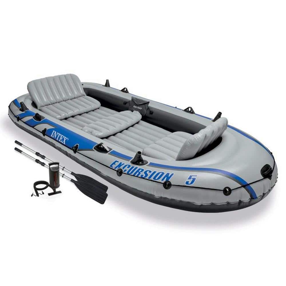 Intex 5-Person Gray Inflatable Fishing Boat Set with Motor