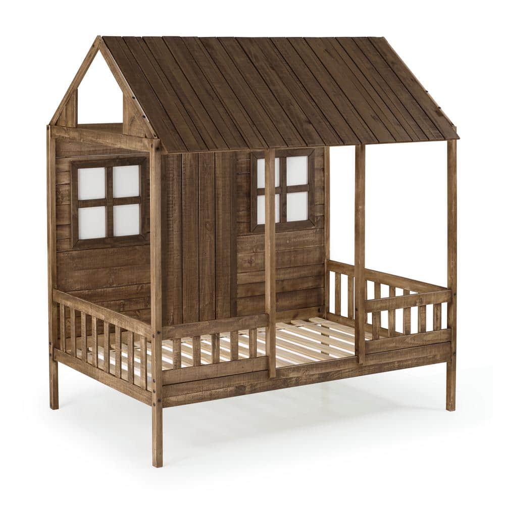 Twin Rustic Driftwood Pine Wood Low Loft Bed with Headboard
