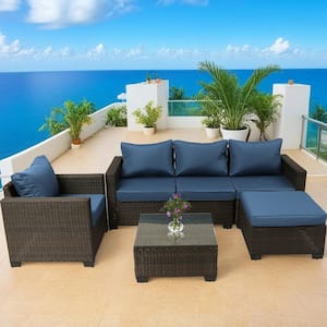 Modern 6-Piece Brown Wicker Patio Outdoor Sofa Conversation Seating Set with Dark Blue Cushions and Slope Back