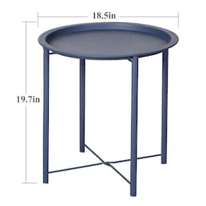 Round Side/End Table, Folding Round Metal Anti-Rust and Waterproof Outdoor or Indoor Tray, 18.5 in. W Blue Set of 2