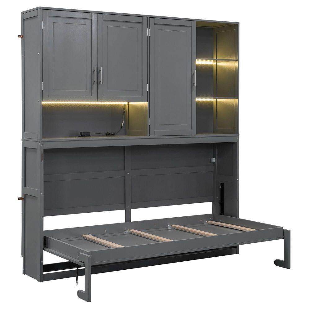 White Wood Frame Twin Size Murphy Bed with Top Cabinet, Shelves, Space Saving Foldable Bed with Light & USB - thumbnail 7