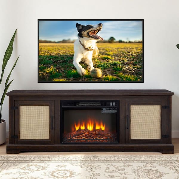65 in. Freestanding Rattan Door TV Stand with 23 in. Fireplace Insert Adjustable Shelf Wood Console Table Espresso Brown